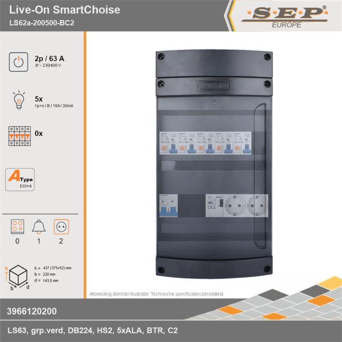 SEP Europe - Live-On SmartChoise, LS62a-200500-BC2, 63A, 3-fase groepenkast, 5-lichtgroepen, 1-beltrafo,  2V-contactdoos, technische gegevens