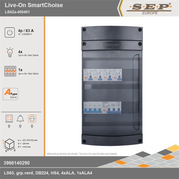 SEP Europe - Live-On SmartChoise, LS62a-400401, 63A, 3-fase groepenkast, 4-lichtgroepen, 1-krachtgroepen, technische gegevens