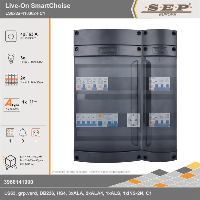 SEP Europe - Live-On SmartChoise, LS622a-410302-FC1, 63A, 3-fase groepenkast, 3-lichtgroepen, 2-krachtgroepen, 1-fornuisgroep,  1V-contactdoos, technische gegevens
