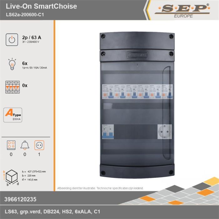 SEP Europe - Live-On SmartChoise, LS62a-200600-C1, 63A, 3-fase groepenkast, 6-lichtgroepen,  1V-contactdoos, technische gegevens