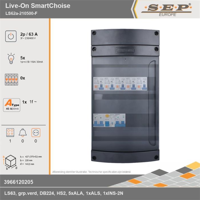 SEP Europe - Live-On SmartChoise, LS62a-210500-F, 63A, 3-fase groepenkast, 5-lichtgroepen, 1-fornuisgroep, technische gegevens