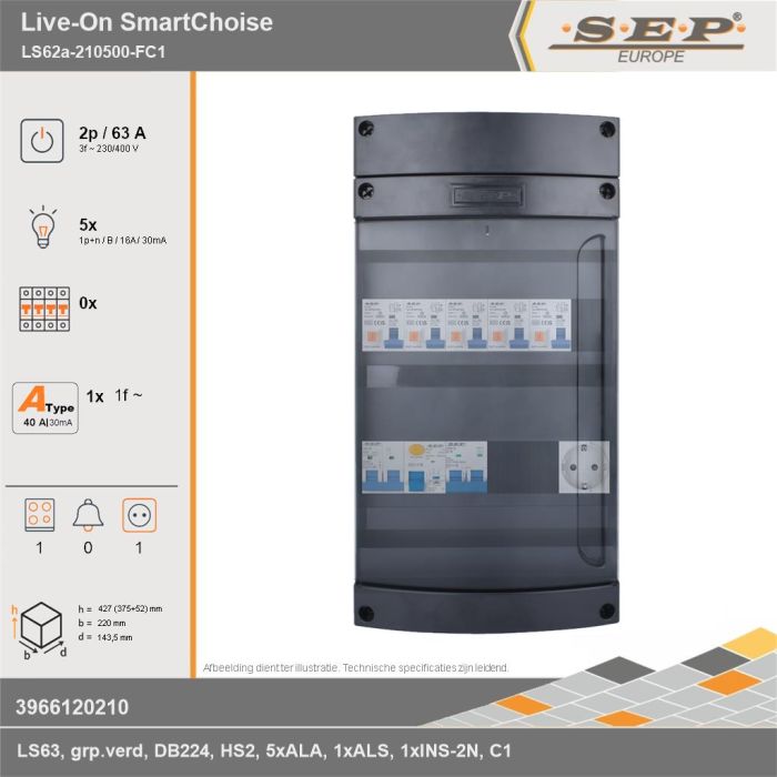 SEP Europe - Live-On SmartChoise, LS62a-210500-FC1, 63A, 3-fase groepenkast, 5-lichtgroepen, 1-fornuisgroep,  1V-contactdoos, technische gegevens