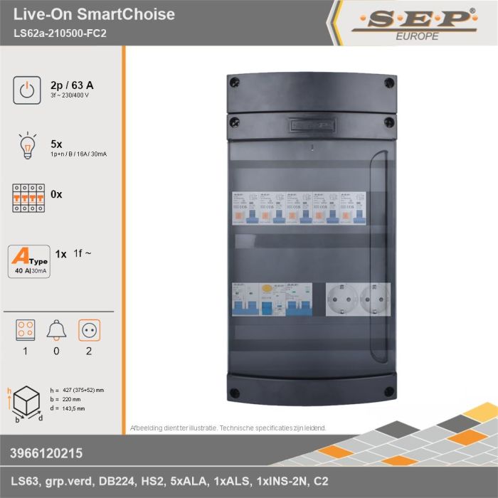 SEP Europe - Live-On SmartChoise, LS62a-210500-FC2, 63A, 3-fase groepenkast, 5-lichtgroepen, 1-fornuisgroep,  2V-contactdoos, technische gegevens