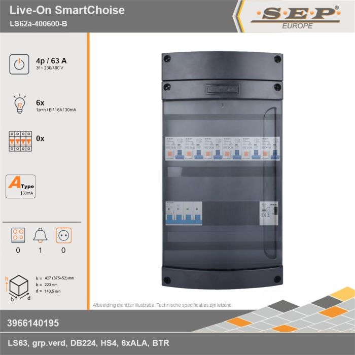 SEP Europe - Live-On SmartChoise, LS62a-400600-B, 63A, 3-fase groepenkast, 6-lichtgroepen, 1-beltrafo, technische gegevens