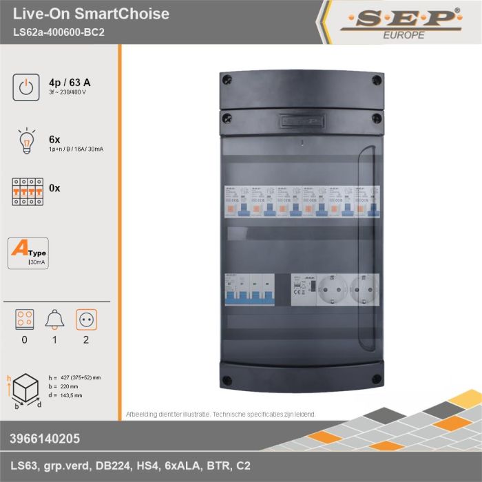 SEP Europe - Live-On SmartChoise, LS62a-400600-BC2, 63A, 3-fase groepenkast, 6-lichtgroepen, 1-beltrafo,  2V-contactdoos, technische gegevens