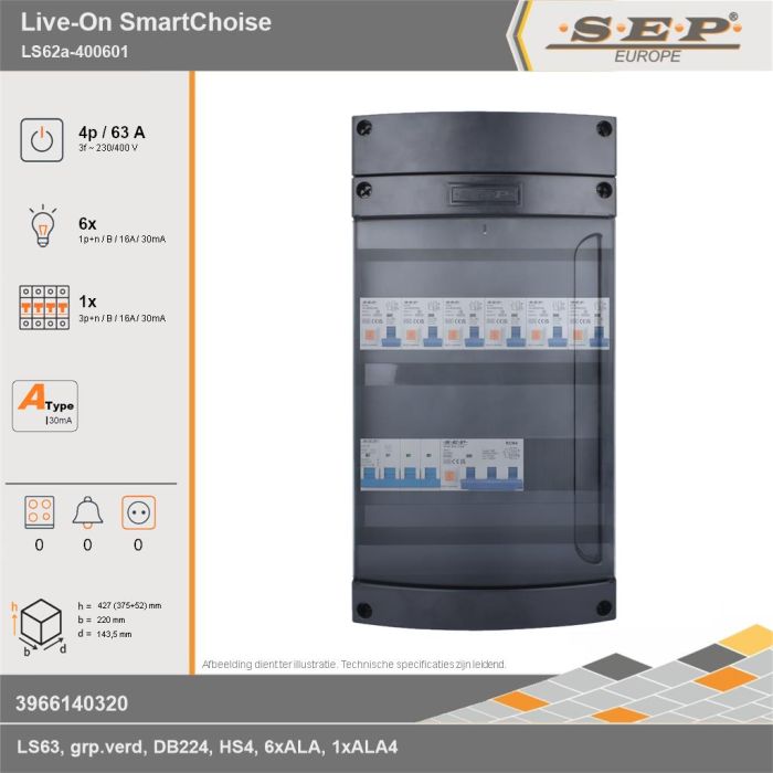 SEP Europe - Live-On SmartChoise, LS62a-400601, 63A, 3-fase groepenkast, 6-lichtgroepen, 1-krachtgroepen, technische gegevens