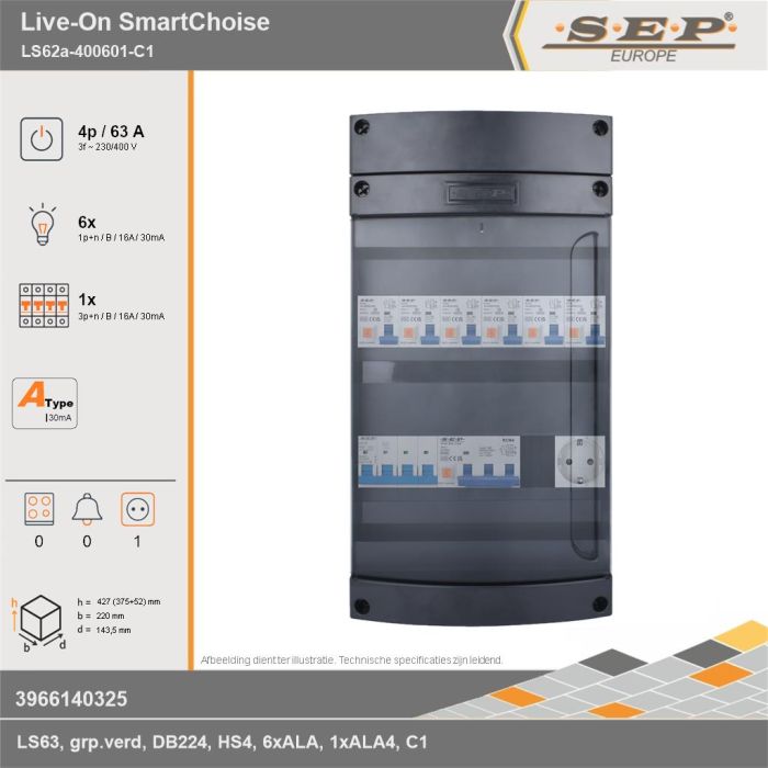 SEP Europe - Live-On SmartChoise, LS62a-400601-C1, 63A, 3-fase groepenkast, 6-lichtgroepen, 1-krachtgroepen,  1V-contactdoos, technische gegevens
