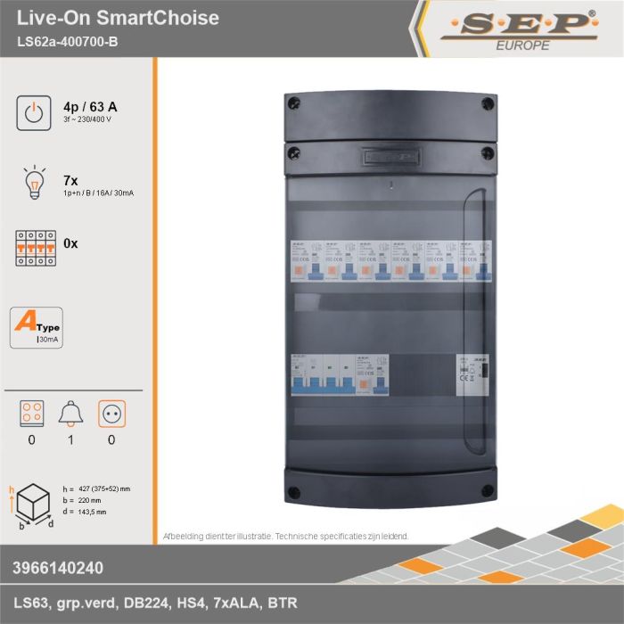 SEP Europe - Live-On SmartChoise, LS62a-400700-B, 63A, 3-fase groepenkast, 7-lichtgroepen, 1-beltrafo, technische gegevens