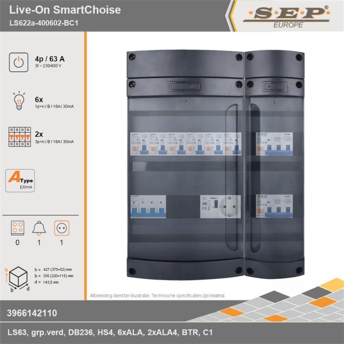 SEP Europe - Live-On SmartChoise, LS622a-400602-BC1, 63A, 3-fase groepenkast, 6-lichtgroepen, 2-krachtgroepen, 1-beltrafo,  1V-contactdoos, technische gegevens
