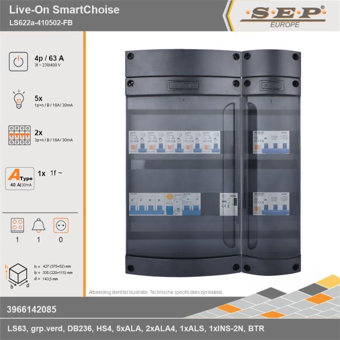 SEP Europe - Live-On SmartChoise, LS622a-410502-FB, 63A, 3-fase groepenkast, 5-lichtgroepen, 2-krachtgroepen, 1-fornuisgroep, 1-beltrafo, technische gegevens