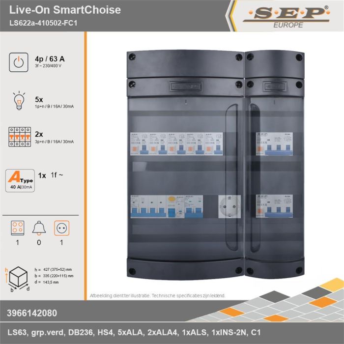 SEP Europe - Live-On SmartChoise, LS622a-410502-FC1, 63A, 3-fase groepenkast, 5-lichtgroepen, 2-krachtgroepen, 1-fornuisgroep,  1V-contactdoos, technische gegevens
