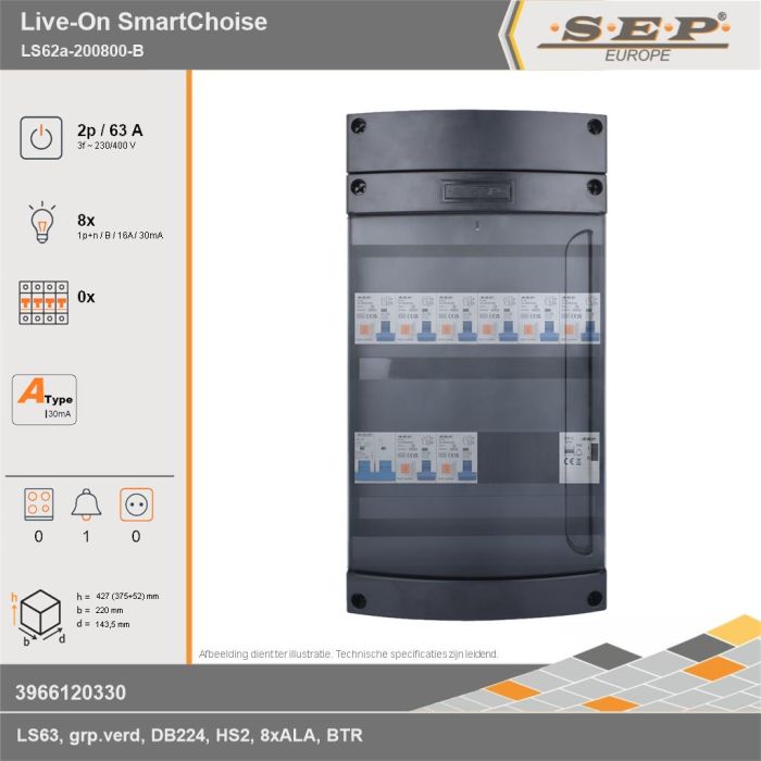 SEP Europe - Live-On SmartChoise, LS62a-200800-B, 63A, 3-fase groepenkast, 8-lichtgroepen, 1-beltrafo, technische gegevens