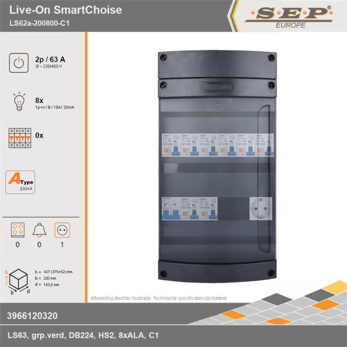 SEP Europe - Live-On SmartChoise, LS62a-200800-C1, 63A, 3-fase groepenkast, 8-lichtgroepen,  1V-contactdoos, technische gegevens