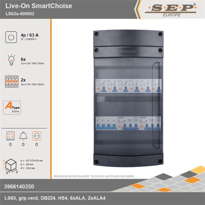 SEP Europe - Live-On SmartChoise, LS62a-400602, 63A, 3-fase groepenkast, 6-lichtgroepen, 2-krachtgroepen, technische gegevens
