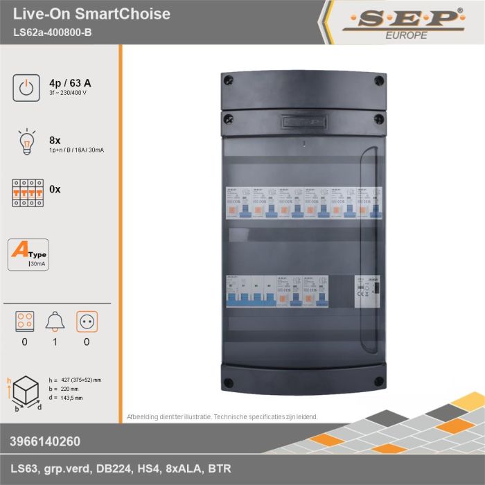 SEP Europe - Live-On SmartChoise, LS62a-400800-B, 63A, 3-fase groepenkast, 8-lichtgroepen, 1-beltrafo, technische gegevens