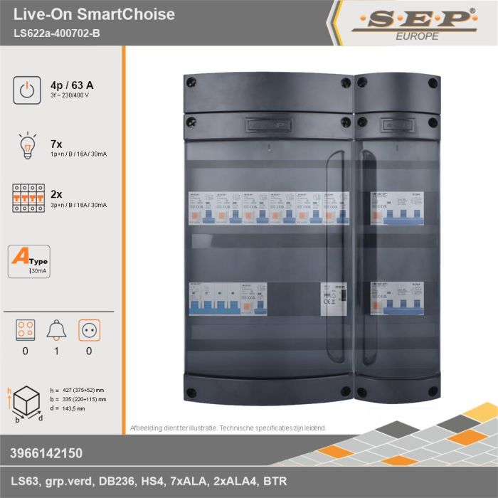 SEP Europe - Live-On SmartChoise, LS622a-400702-B, 63A, 3-fase groepenkast, 7-lichtgroepen, 2-krachtgroepen, 1-beltrafo, technische gegevens