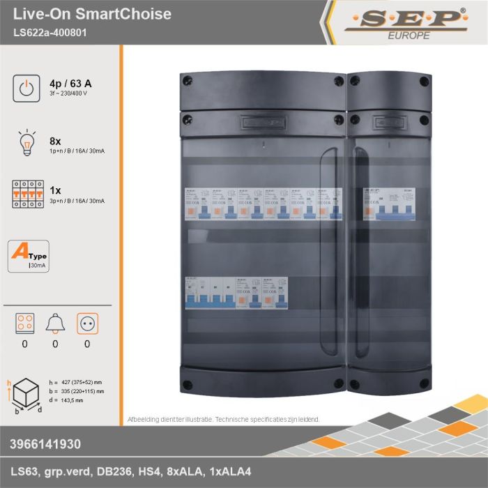 SEP Europe - Live-On SmartChoise, LS622a-400801, 63A, 3-fase groepenkast, 8-lichtgroepen, 1-krachtgroepen, technische gegevens