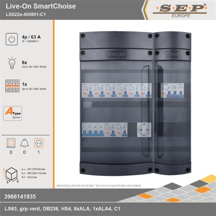 SEP Europe - Live-On SmartChoise, LS622a-400801-C1, 63A, 3-fase groepenkast, 8-lichtgroepen, 1-krachtgroepen,  1V-contactdoos, technische gegevens