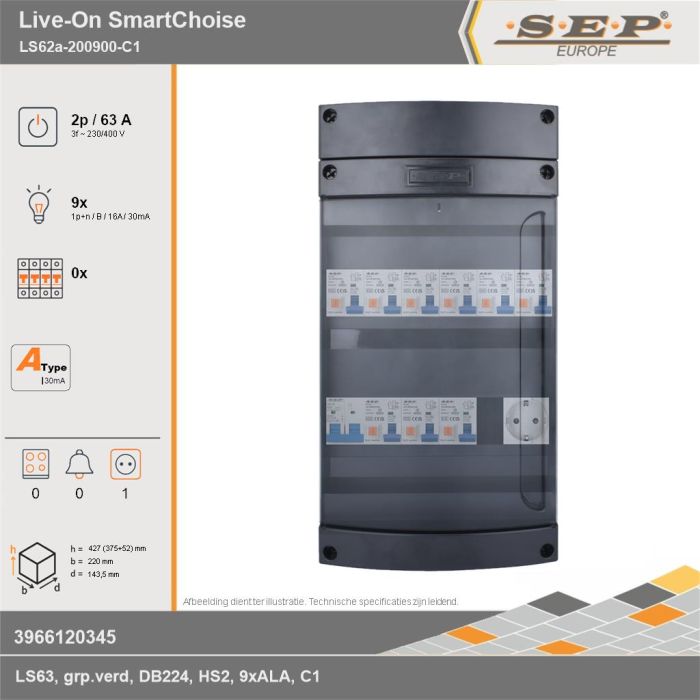 SEP Europe - Live-On SmartChoise, LS62a-200900-C1, 63A, 3-fase groepenkast, 9-lichtgroepen,  1V-contactdoos, technische gegevens