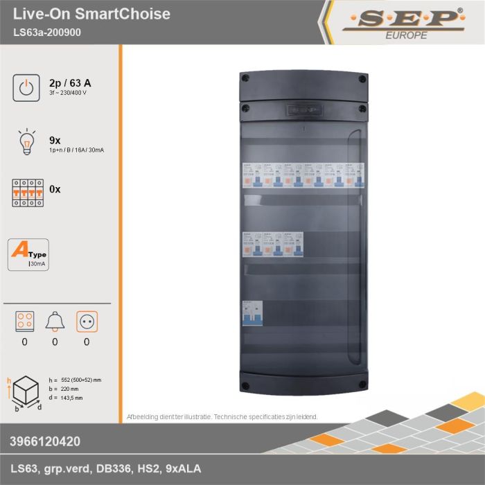 SEP Europe - Live-On SmartChoise, LS63a-200900, 63A, 3-fase groepenkast, 9-lichtgroepen, technische gegevens