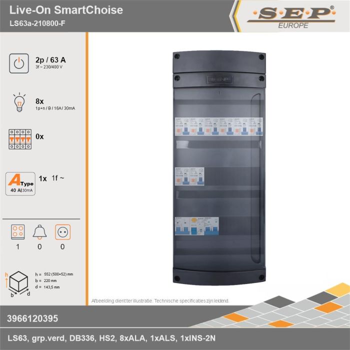 SEP Europe - Live-On SmartChoise, LS63a-210800-F, 63A, 3-fase groepenkast, 8-lichtgroepen, 1-fornuisgroep, technische gegevens