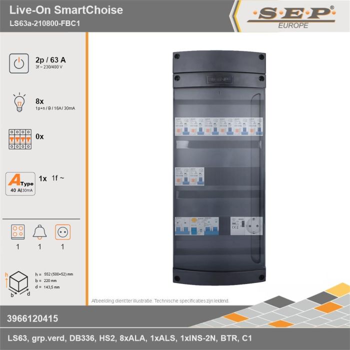 SEP Europe - Live-On SmartChoise, LS63a-210800-FBC1, 63A, 3-fase groepenkast, 8-lichtgroepen, 1-fornuisgroep, 1-beltrafo,  1V-contactdoos, technische gegevens