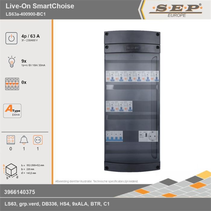 SEP Europe - Live-On SmartChoise, LS63a-400900-BC1, 63A, 3-fase groepenkast, 9-lichtgroepen, 1-beltrafo,  1V-contactdoos, technische gegevens