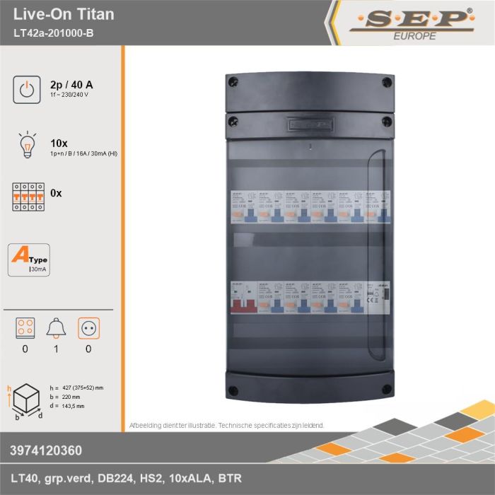 SEP Europe - Live-On Titan, LT42a-201000-B, 40A, 1-fase groepenkast, 10-lichtgroepen, 1-beltrafo, technische gegevens