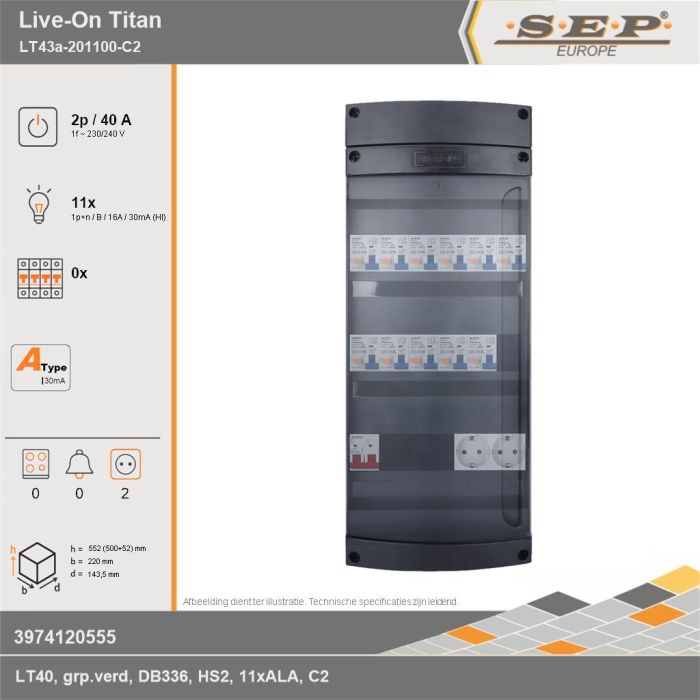 SEP Europe - Live-On Titan, LT43a-201100-C2, 40A, 1-fase groepenkast, 11-lichtgroepen,  2V-contactdoos, technische gegevens