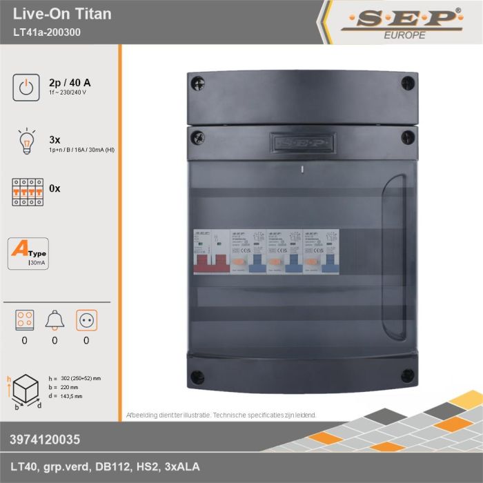 SEP Europe - Live-On Titan, LT41a-200300, 40A, 1-fase groepenkast, 3-lichtgroepen, technische gegevens