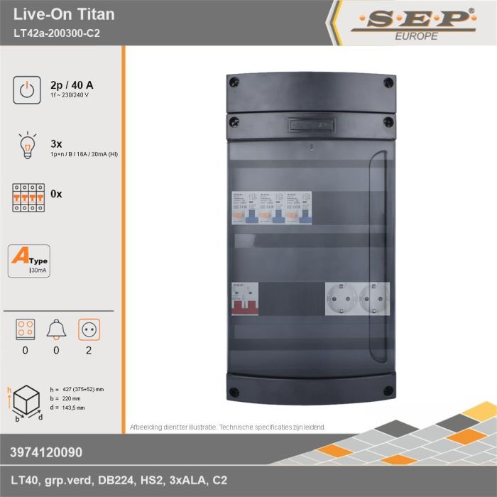 SEP Europe - Live-On Titan, LT42a-200300-C2, 40A, 1-fase groepenkast, 3-lichtgroepen,  2V-contactdoos, technische gegevens