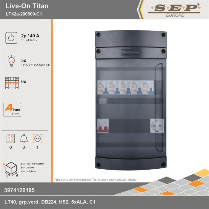 SEP Europe - Live-On Titan, LT42a-200500-C1, 40A, 1-fase groepenkast, 5-lichtgroepen,  1V-contactdoos, technische gegevens