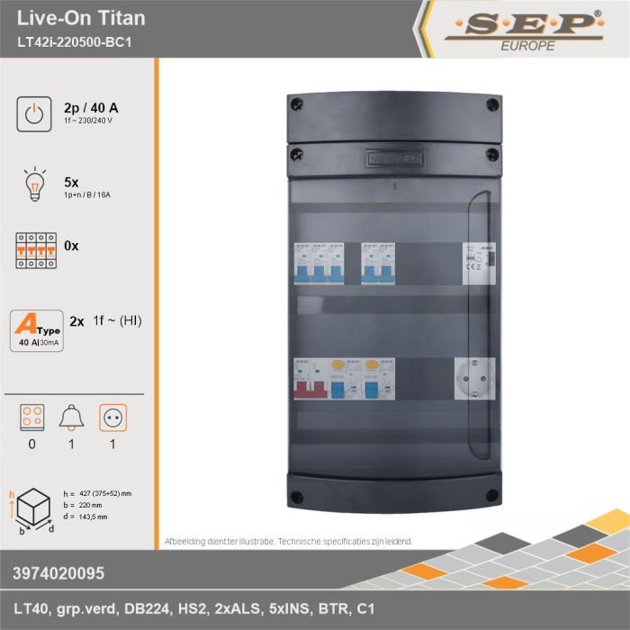 SEP Europe - Live-On Titan, LT42i-220500-BC1, 40A, 1-fase groepenkast, 5-lichtgroepen, 1-beltrafo,  1V-contactdoos, technische gegevens