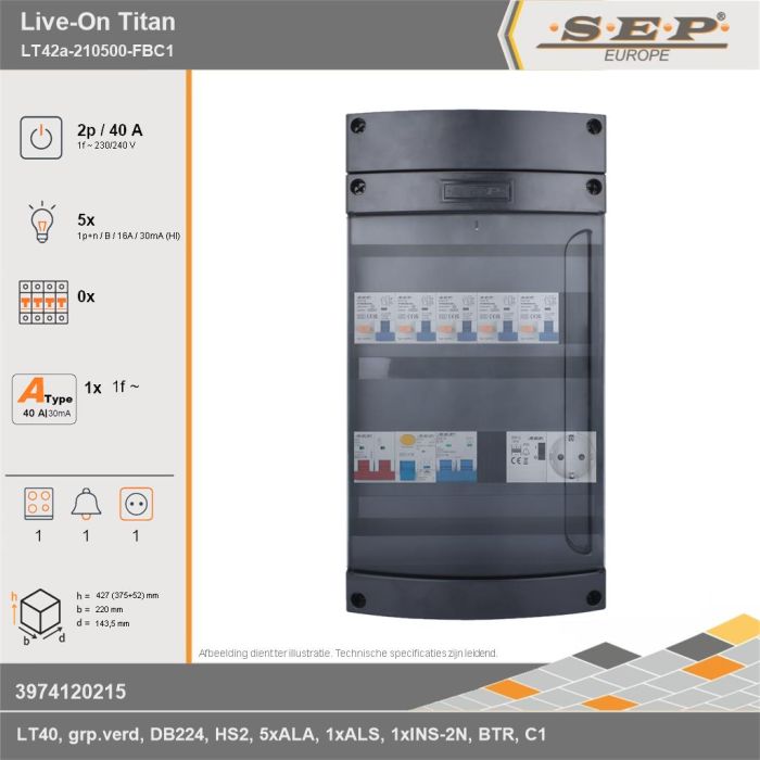 SEP Europe - Live-On Titan, LT42a-210500-FBC1, 40A, 1-fase groepenkast, 5-lichtgroepen, 1-fornuisgroep, 1-beltrafo,  1V-contactdoos, technische gegevens