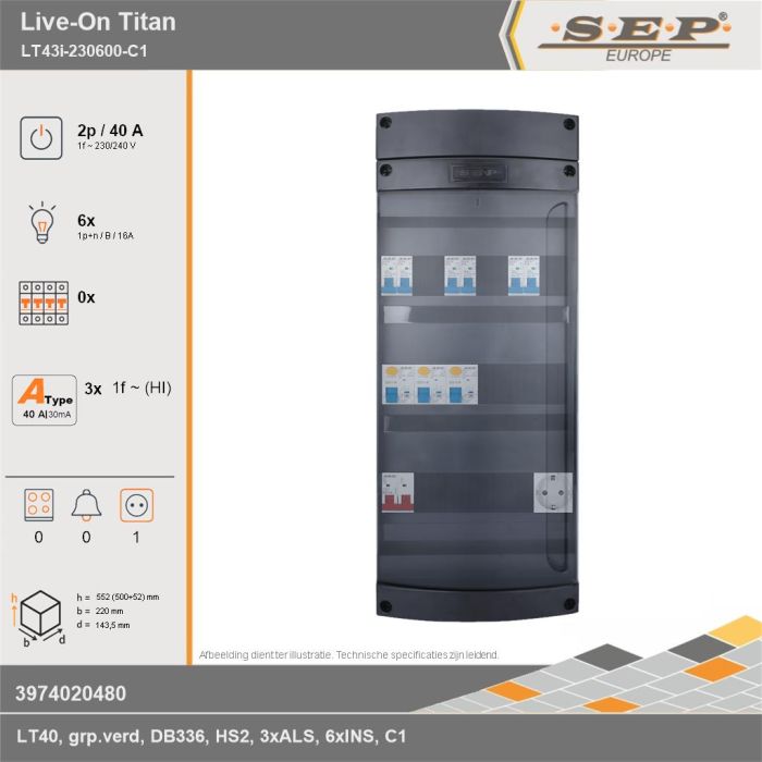 SEP Europe - Live-On Titan, LT43i-230600-C1, 40A, 1-fase groepenkast, 6-lichtgroepen,  1V-contactdoos, technische gegevens