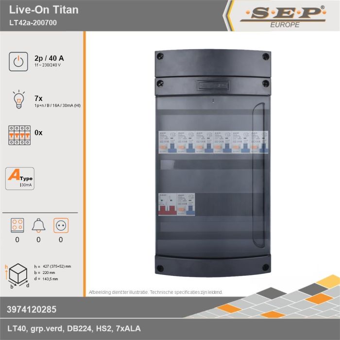 SEP Europe - Live-On Titan, LT42a-200700, 40A, 1-fase groepenkast, 7-lichtgroepen, technische gegevens