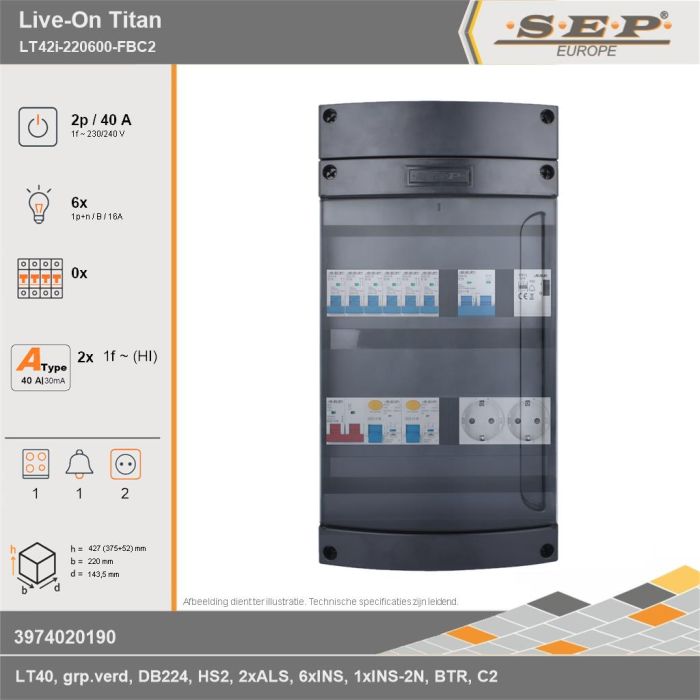 SEP Europe - Live-On Titan, LT42i-220600-FBC2, 40A, 1-fase groepenkast, 6-lichtgroepen, 1-fornuisgroep, 1-beltrafo,  2V-contactdoos, technische gegevens