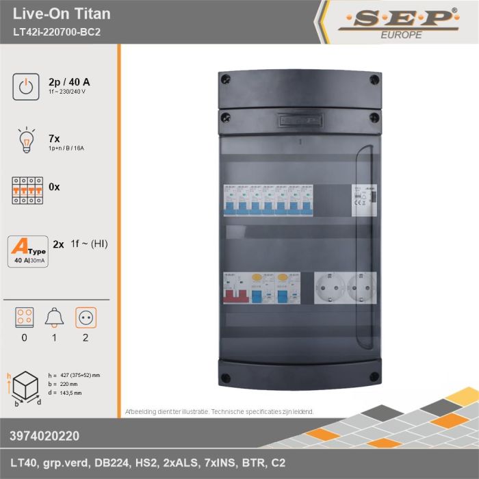 SEP Europe - Live-On Titan, LT42i-220700-BC2, 40A, 1-fase groepenkast, 7-lichtgroepen, 1-beltrafo,  2V-contactdoos, technische gegevens