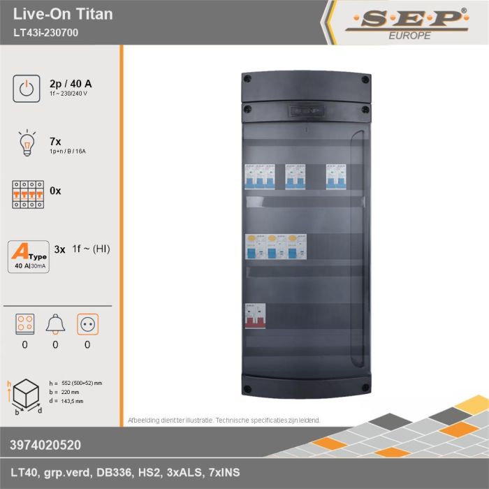 SEP Europe - Live-On Titan, LT43i-230700, 40A, 1-fase groepenkast, 7-lichtgroepen, technische gegevens
