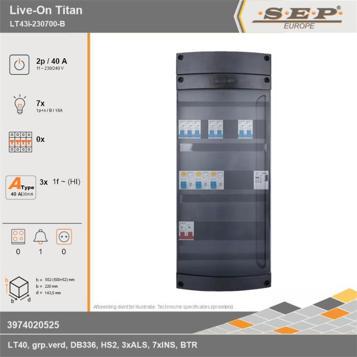 SEP Europe - Live-On Titan, LT43i-230700-B, 40A, 1-fase groepenkast, 7-lichtgroepen, 1-beltrafo, technische gegevens