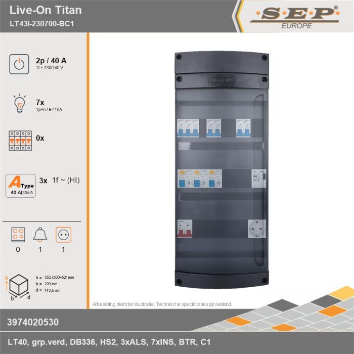 SEP Europe - Live-On Titan, LT43i-230700-BC1, 40A, 1-fase groepenkast, 7-lichtgroepen, 1-beltrafo,  1V-contactdoos, technische gegevens