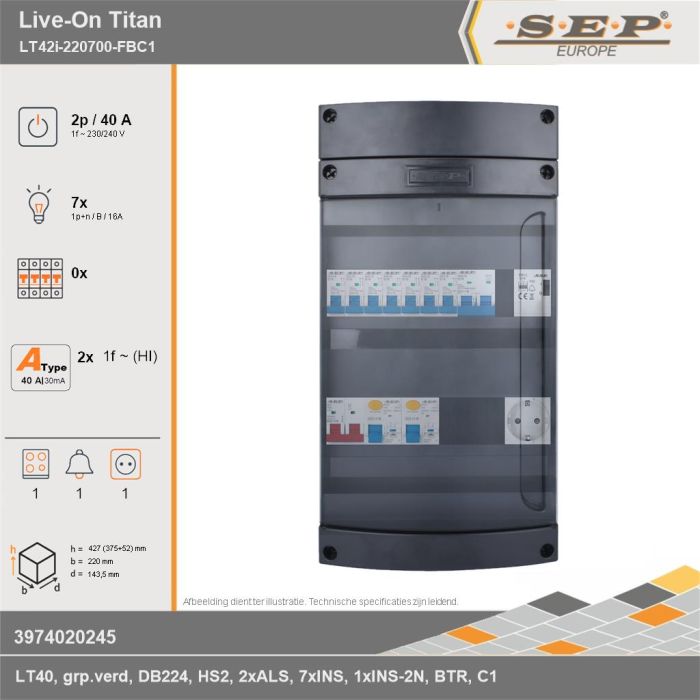 SEP Europe - Live-On Titan, LT42i-220700-FBC1, 40A, 1-fase groepenkast, 7-lichtgroepen, 1-fornuisgroep, 1-beltrafo,  1V-contactdoos, technische gegevens