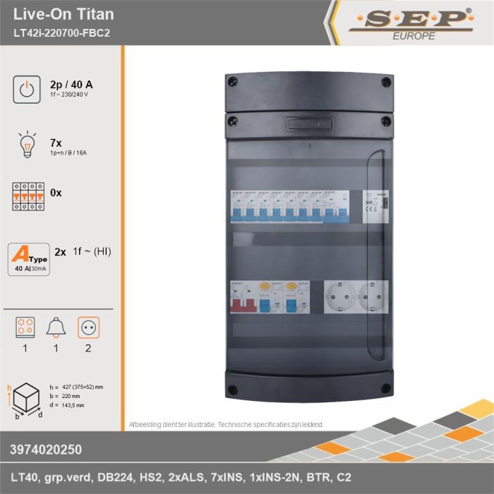 SEP Europe - Live-On Titan, LT42i-220700-FBC2, 40A, 1-fase groepenkast, 7-lichtgroepen, 1-fornuisgroep, 1-beltrafo,  2V-contactdoos, technische gegevens