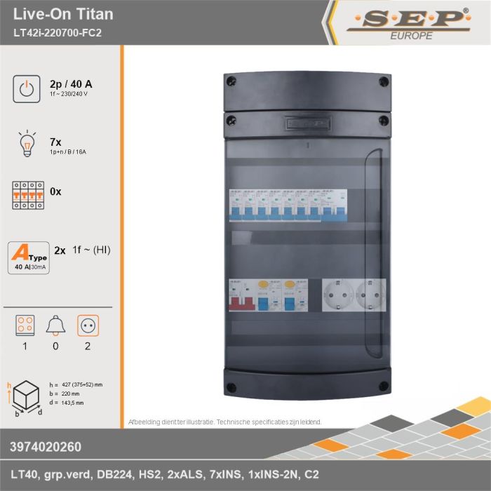 SEP Europe - Live-On Titan, LT42i-220700-FC2, 40A, 1-fase groepenkast, 7-lichtgroepen, 1-fornuisgroep,  2V-contactdoos, technische gegevens
