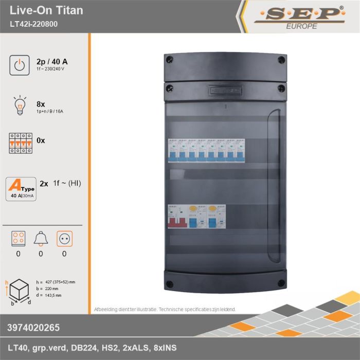 SEP Europe - Live-On Titan, LT42i-220800, 40A, 1-fase groepenkast, 8-lichtgroepen, technische gegevens