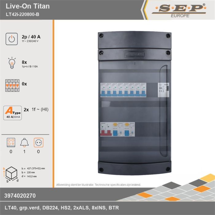 SEP Europe - Live-On Titan, LT42i-220800-B, 40A, 1-fase groepenkast, 8-lichtgroepen, 1-beltrafo, technische gegevens