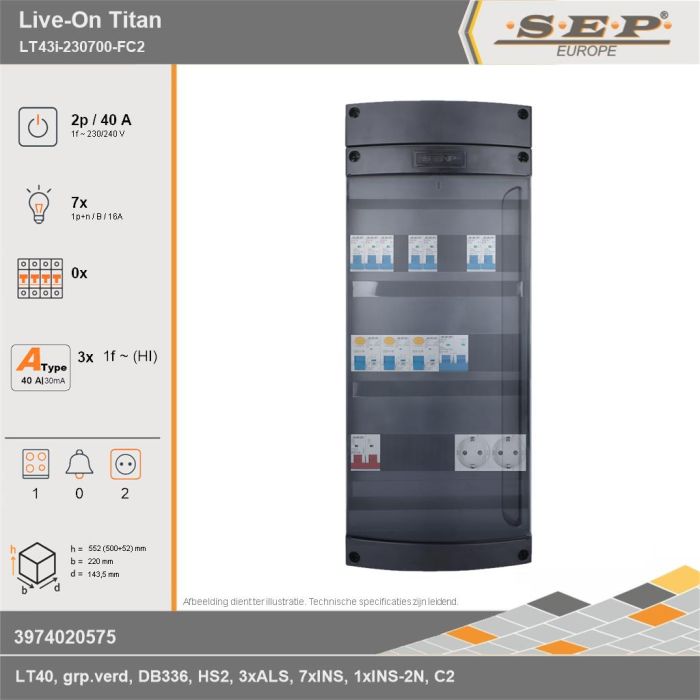 SEP Europe - Live-On Titan, LT43i-230700-FC2, 40A, 1-fase groepenkast, 7-lichtgroepen, 1-fornuisgroep,  2V-contactdoos, technische gegevens