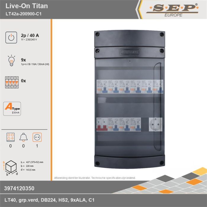 SEP Europe - Live-On Titan, LT42a-200900-C1, 40A, 1-fase groepenkast, 9-lichtgroepen,  1V-contactdoos, technische gegevens