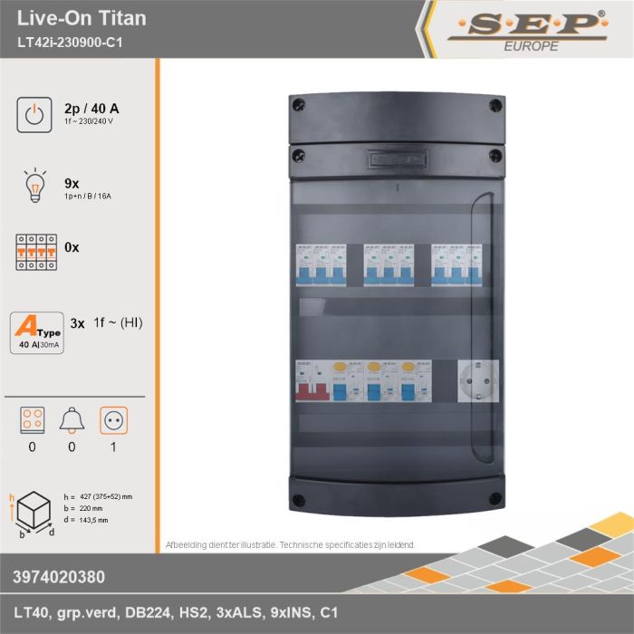 SEP Europe - Live-On Titan, LT42i-230900-C1, 40A, 1-fase groepenkast, 9-lichtgroepen,  1V-contactdoos, technische gegevens