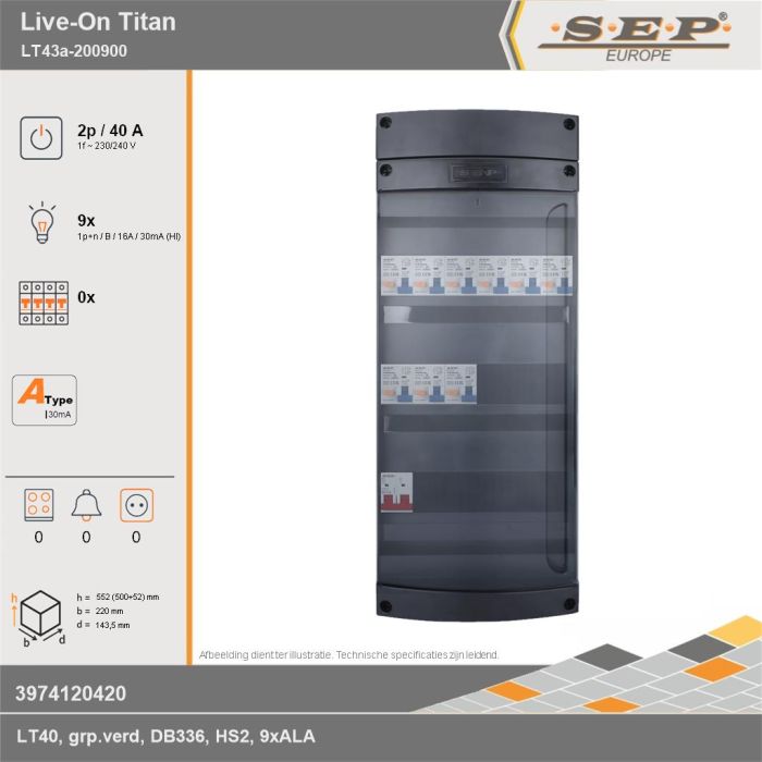 SEP Europe - Live-On Titan, LT43a-200900, 40A, 1-fase groepenkast, 9-lichtgroepen, technische gegevens